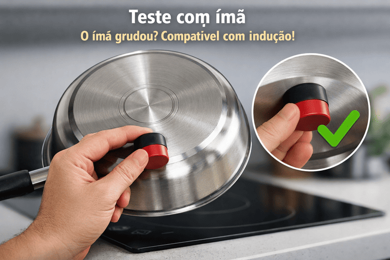 Teste simples: se o ímã grudar no fundo da panela, ela é compatível com indução.